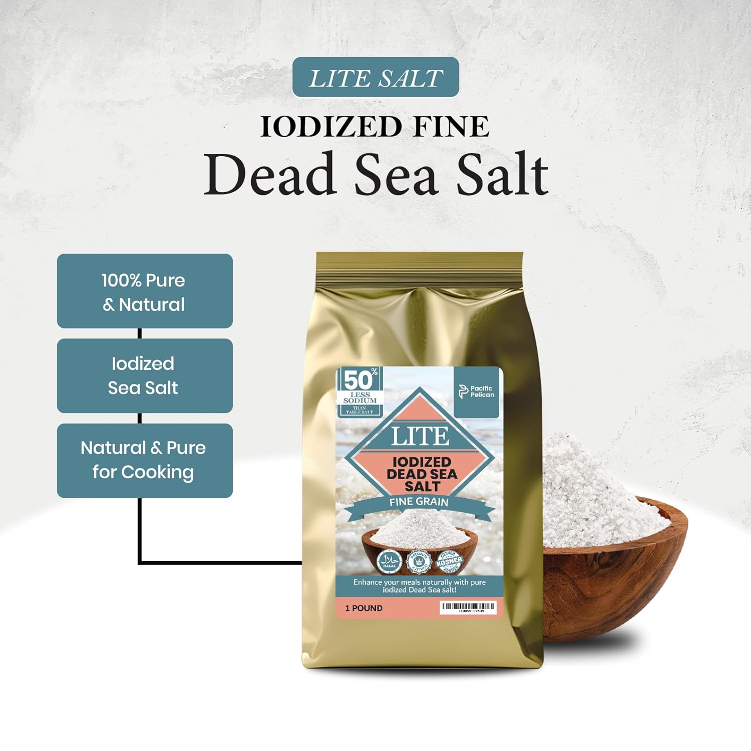 Pacific Pelican Iodized Dead Sea Lite Salt - Fine Grain | Unrefined Kosher, Natural Iodized, Low Sodium Salt for Cooking, Seasoning & Baking