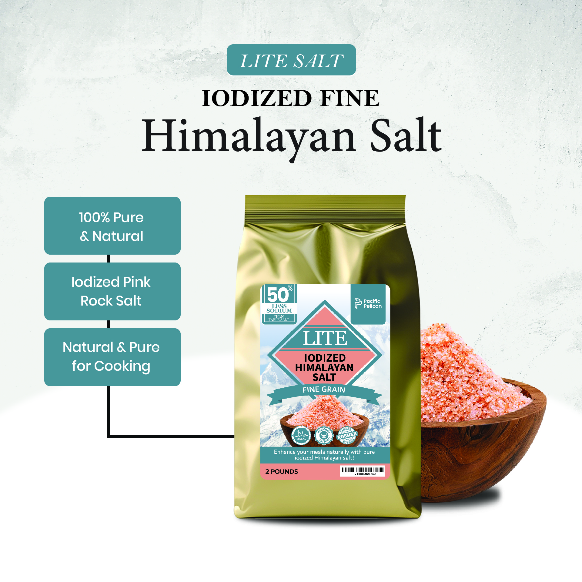 Pacific Pelican Iodized Lite Himalayan Pink Salt | 50% Less Sodium | Fine Grain, Unrefined, Pure Rock Salt, 100% Natural & Organic for Cooking, Seasoning & Wellness (2 Pounds)