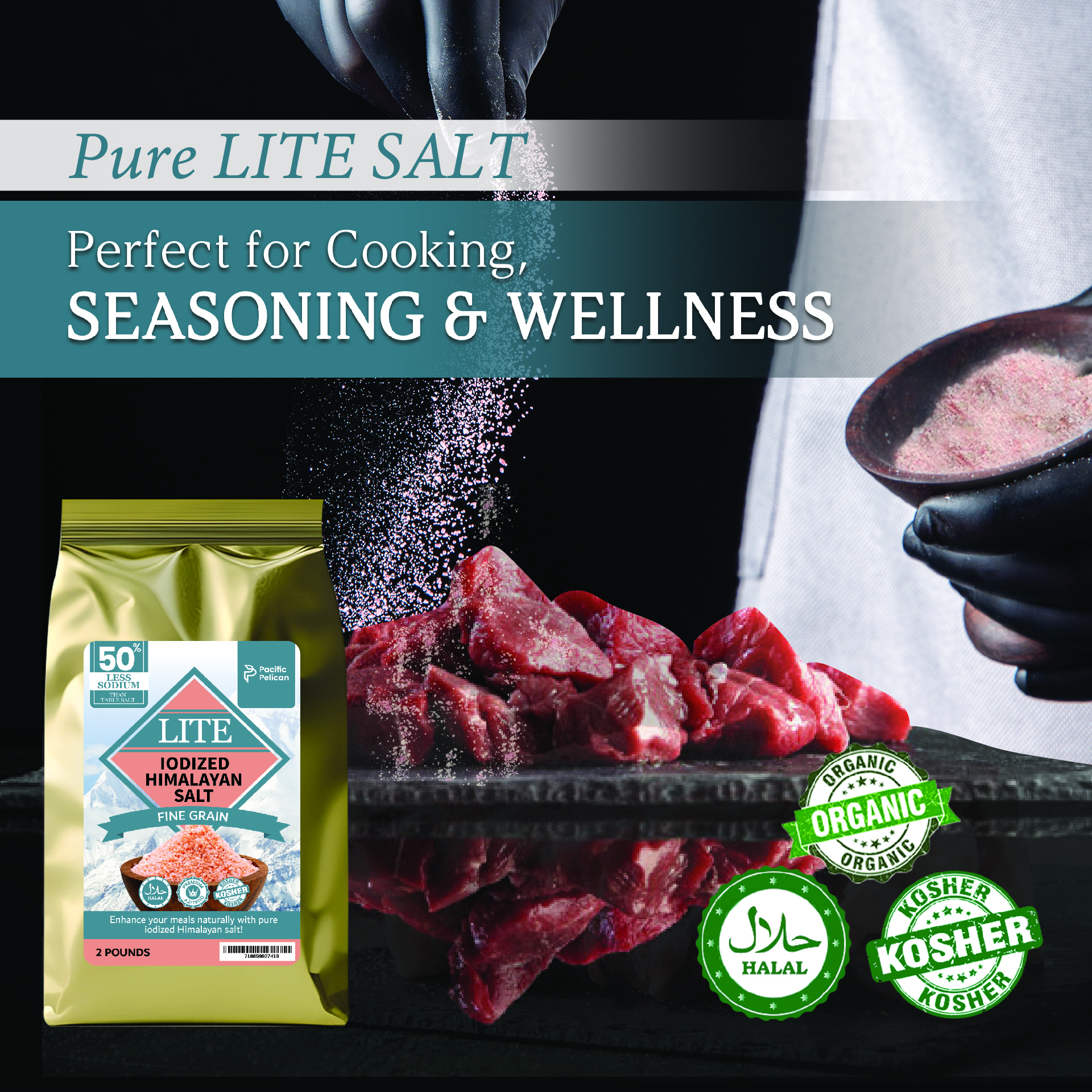 Pacific Pelican Iodized Lite Himalayan Pink Salt | 50% Less Sodium | Fine Grain, Unrefined, Pure Rock Salt, 100% Natural & Organic for Cooking, Seasoning & Wellness (2 Pounds) - Image 2