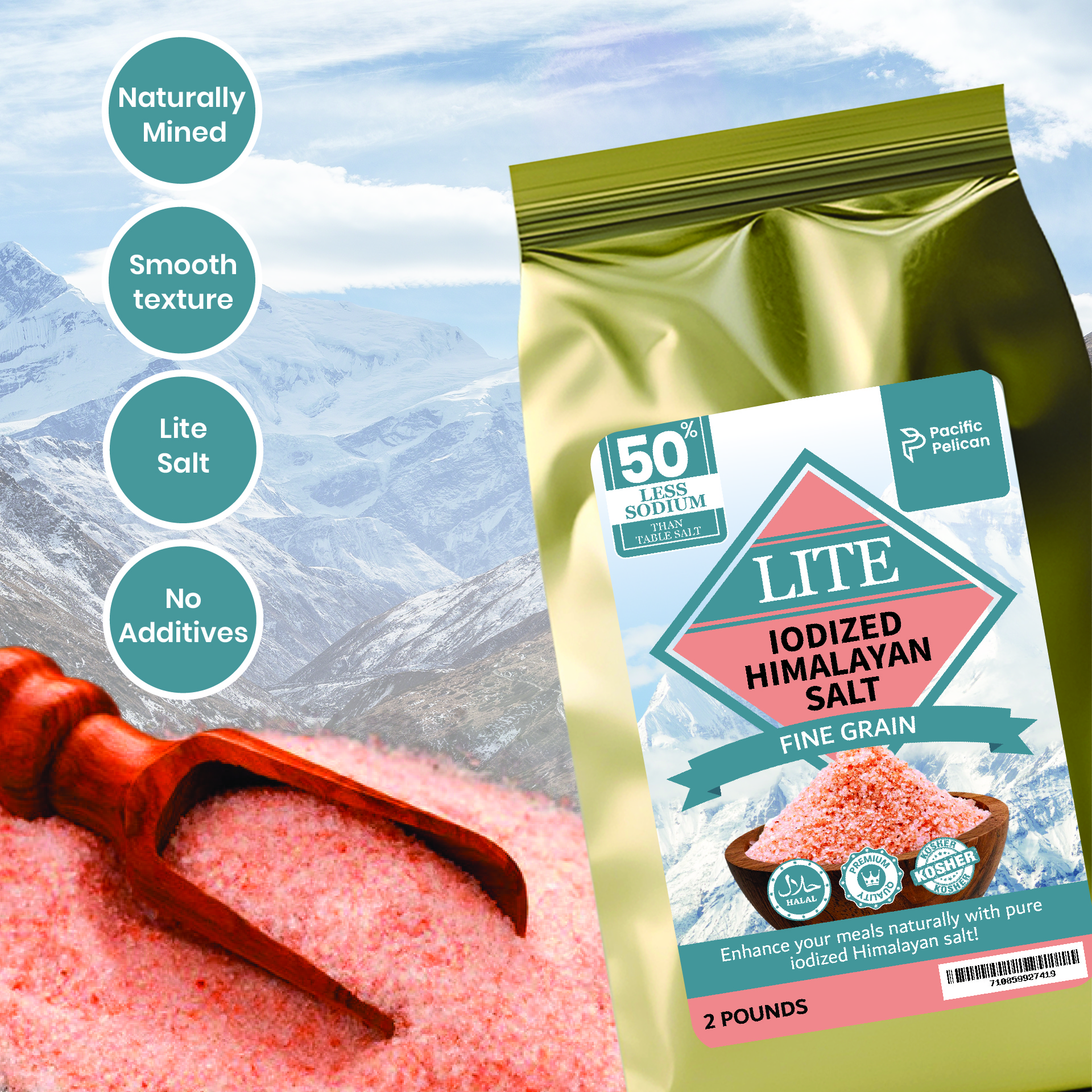 Pacific Pelican Iodized Lite Himalayan Pink Salt | 50% Less Sodium | Fine Grain, Unrefined, Pure Rock Salt, 100% Natural & Organic for Cooking, Seasoning & Wellness (2 Pounds) - Image 4