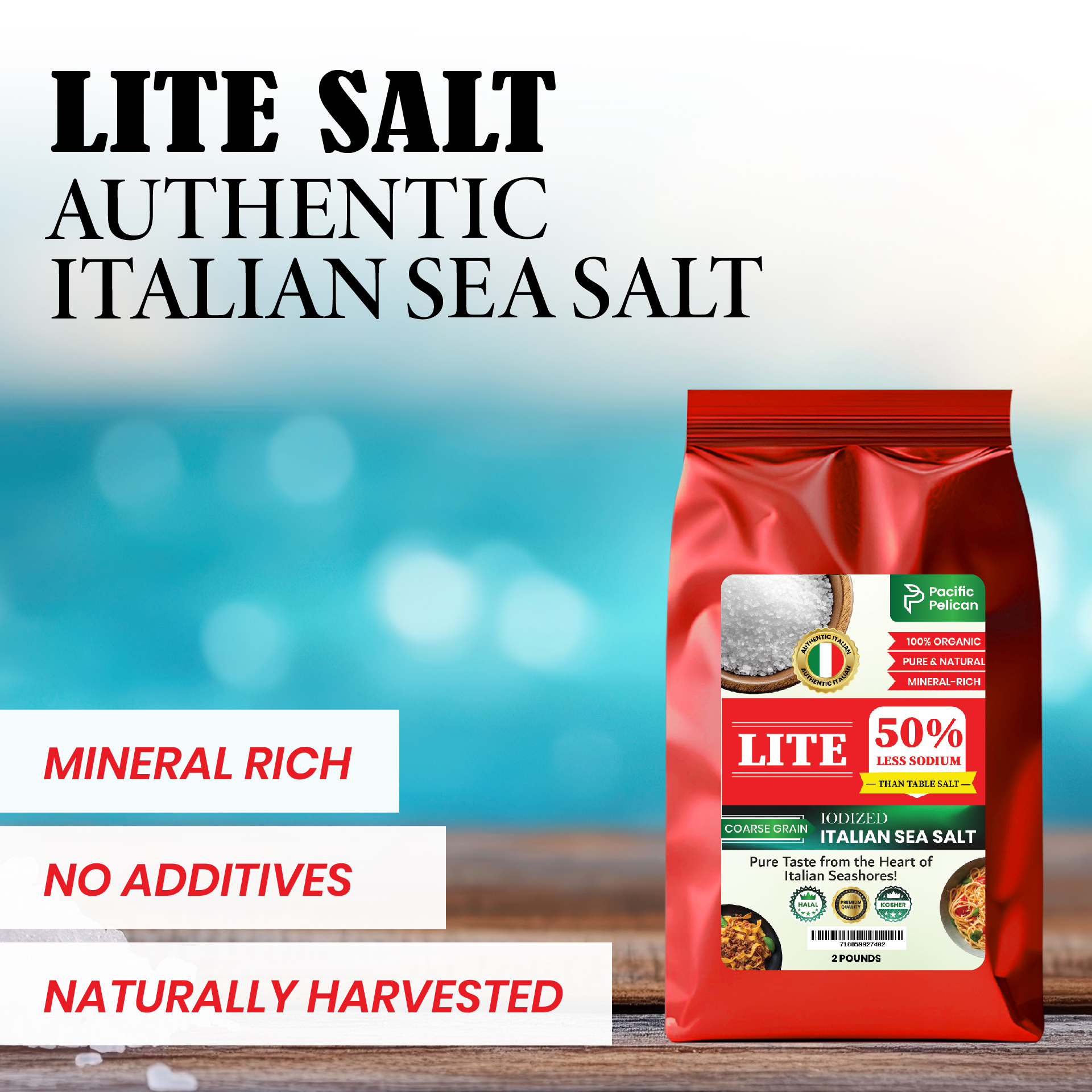 Pacific Pelican Iodized Lite Italian Sea Salt, 50% Less Sodium, Coarse Grain, 2 Pounds, Natural & Organic; best for thyroid function ; wellness; paleo and gluten free