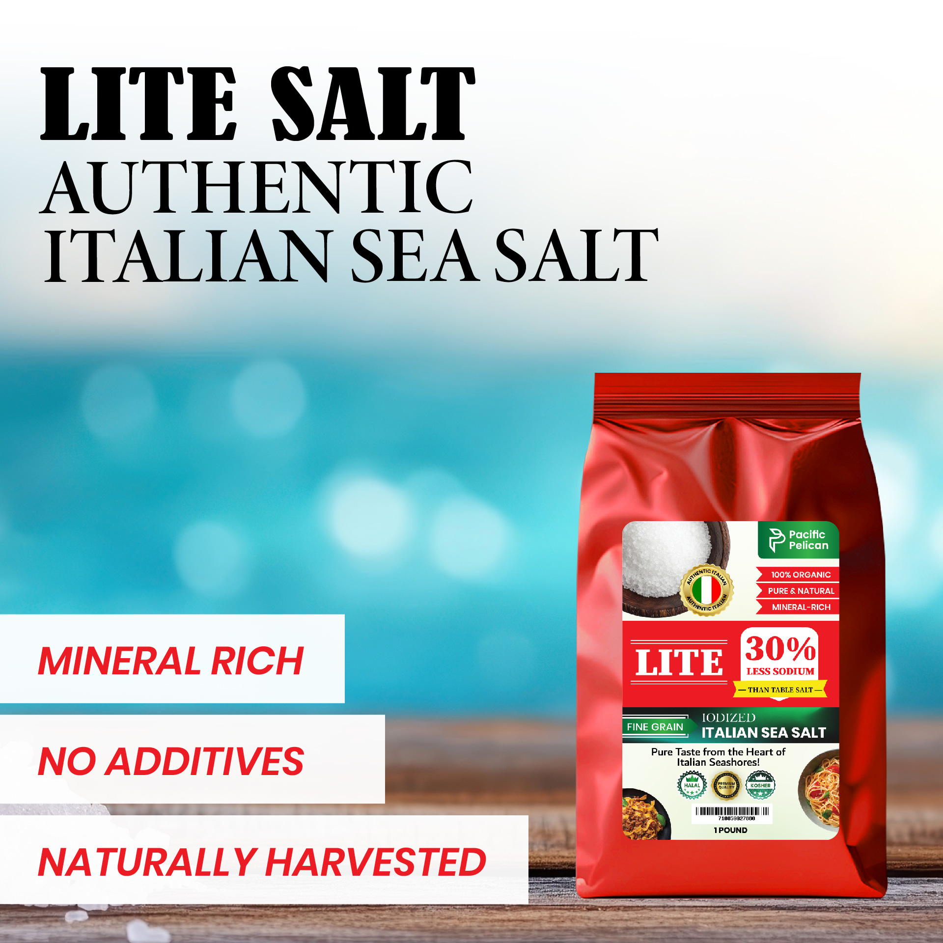 Pacific Pelican Iodized Lite Italian Sea Salt, 30% Less Sodium, Fine Grain, 1 Pound, Natural & Organic; best for thyroid function ; wellness; paleo and gluten free